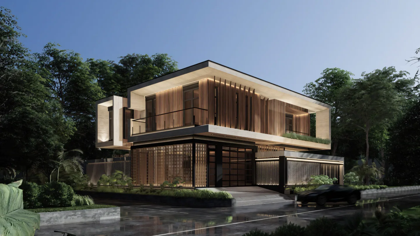 Fasad rumah tinggal dua lantai dengan pelapis batu alam dan kisi kayu, karya Harvey.id di Banjarmasin